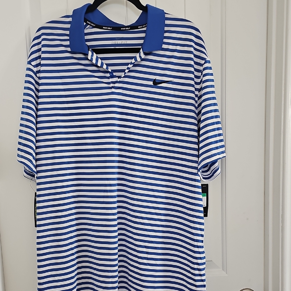 Nike Men's White and Blue Striped Polo Shirt